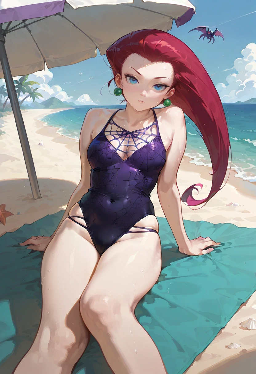 purple bat swimsuit,one-piece swimsuit, ribbon, spider web, beach,beach umbrella,beach towel,jessie (pokemon),