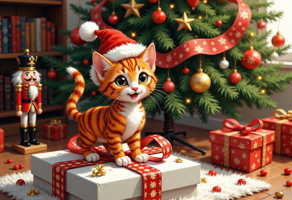 The festive scene depicts an adorable fiery red tabby cat wearing a Santa hat with white pom-poms on top. The kitten's sleek, athletic body is decorated with noticeable stripes, mostly red with hints of pink. It stands on a plush white surface that resembles a gift box, with a red-white-gold checkered ribbon at the base. In the background is a beautifully decorated Christmas tree, sparkling with various decorations, including red and gold trinkets, twinkling lights. To the left of the cat is a nutcracker figure in a royal outfit, complementing the holiday atmosphere. The overall atmosphere is warm and cheerful, conveying the joy of the season. Modifiers:
highly detailed digital painting clear quality illustration colorful disney very cute pixar cartoon Comic style Detailed whimsical without watermarks cute cartoon without frame Without signature Bold colors with high detail