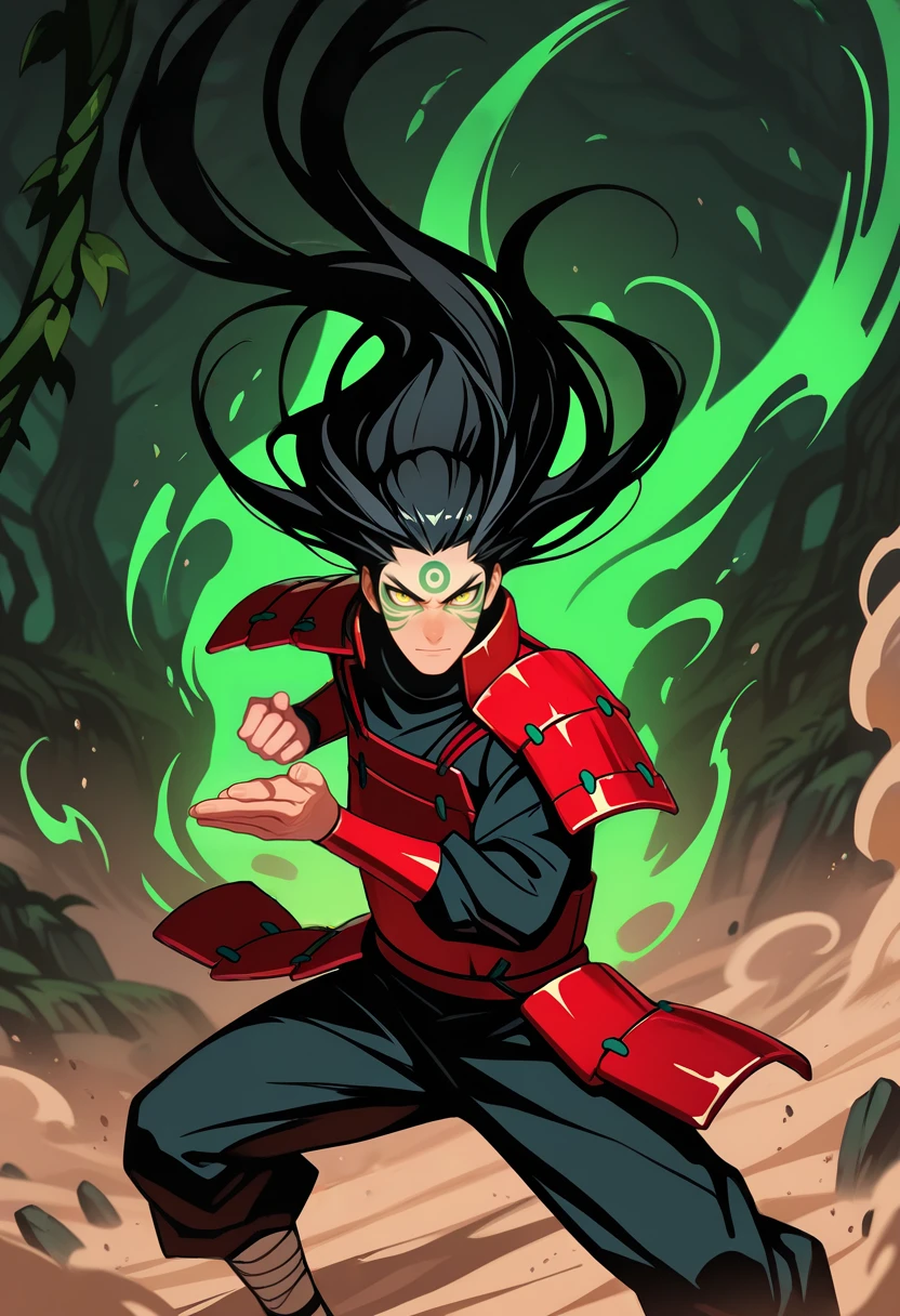 masterpiece, best quality, vibrant, very aesthetic, high contrast, 1boy, <lora:Hashirama_Senju_ILLU:0.8> hsrm_sage, facial mark, long hair, floating hair, fighting stance, japanese armor, nature magic, element bending, dust aura, floating rocks, sand aura, vines, geomancy, , masterwork, raytracing, highly detailed, absurdres, masterful composition, cinematic lighting, rim lighting