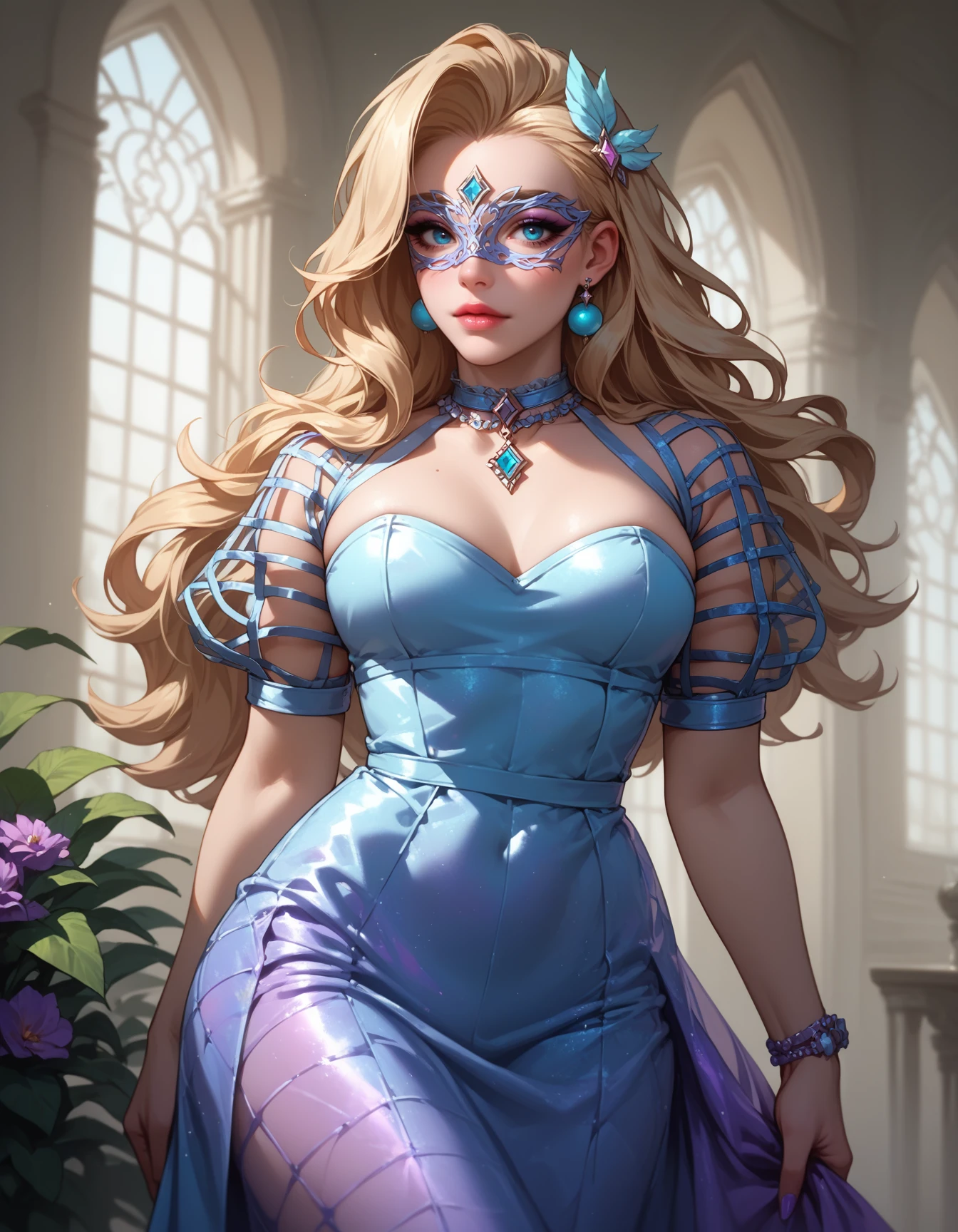 score_9, score_8_up, score_7_up, score_6_up, seraphine \(league of legends\),  1girl, solo,dr3ss,  mature female, iridescent dress, mesh puffy short sleeves, masquerade mask,  eyeliner, cowboy shot, <lora:YenWitcherTV-ILXL2024-12-15_20-20-27-save-384-48-0:0.9> , ornate hall,