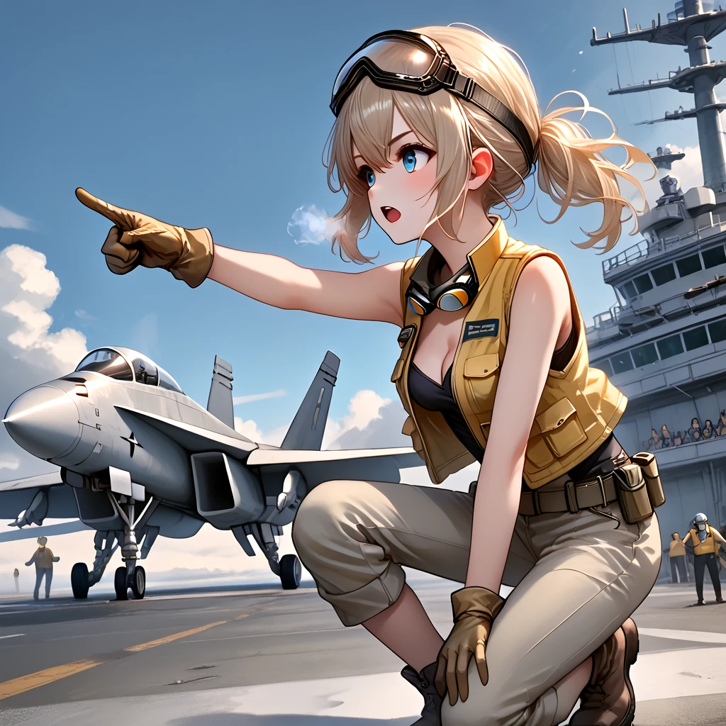 score_9, source_anime, aircraft carrier, catapult officer, pointing forward, standing, lunge, one knee, 1girl, open mouth, cleavage, medium breasts, vest, pants, helmet, gloves, leaning forward, goggles on head, from side, cloudy sky, sky, dust, steam, crowd,<lora:girllikeaircraftcarrier_pony:0.7>