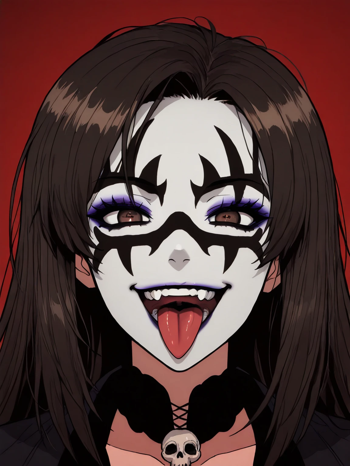 masterpiece, best quality,vector art,
cowboy shot,looking at viewer,1girl,solo,smile,
edgK1ZZ,  looking at viewer, open mouth,  brown eyes,  teeth, tongue, tongue out,  portrait, wearing black edgK1ZZ_(facepaint, makeup, skull facial marks),
 <lora:edgIWMFLYILS:0.85>