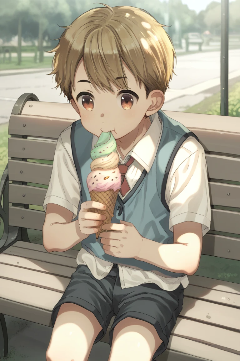 , score_9, score_8_up, score_7_up,    ozzzzyStyle, 1boy,  bench, blonde hair, brown eyes, solo, child, collared shirt,  dappled sunlight,  eating, food, ice cream, ice cream cone,  necktie, outdoors, park bench, red eyes, shirt, short sleeves, shorts, sitting, sunlight, vest, white shirt, wing collar