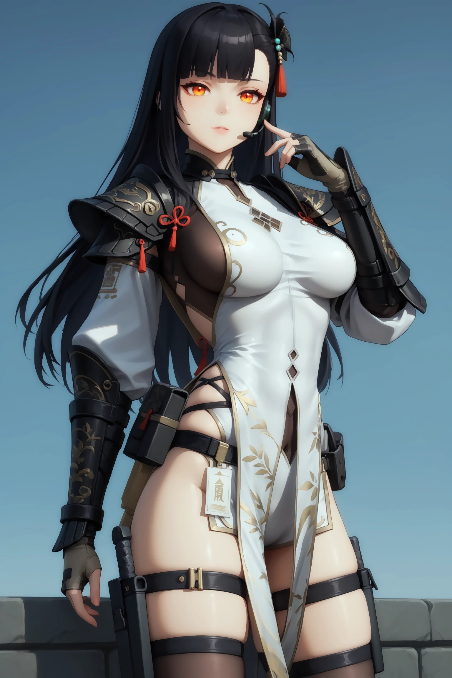 score_9, score_8_up, score_7_up, masterpiece, 4k, high quality, best quality, imtdqiongjiu, 1girl, black hair, long hair, gloves, bodysuit, pelvic curtain, assymmetrycal thighhighs, hair ornament, orange eyes, holster, thigh holster, headset, red eyes, blunt bangs, thigh strap, skindentation,, one shoulder armor, sideboob, gauntlets,
