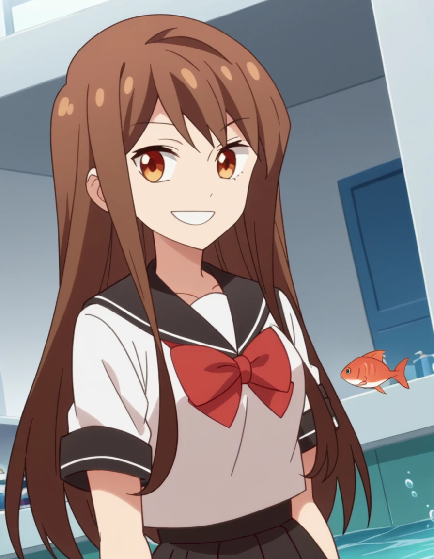 score_9, score_8_up, score_7_up, source_anime, <lora:kana-ijima-s1-ponyxl-lora-nochekaiser:1>, kana ijima, long hair, brown hair, brown eyes, medium breasts, anime screencap, skirt, school uniform, serafuku, black skirt, pleated skirt, red bowtie, black sailor collar, white shirt,, aquarium, water, fish, tanks, blue, smile, smile, looking at viewer, solo,, dutch angle, cowboy shot