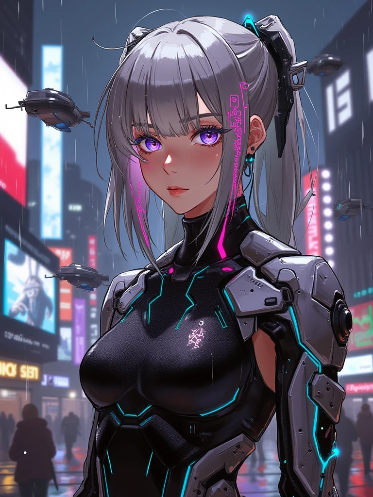 8k RAW, beautiful young girl, best quality, super high resolution, extreme_detail, sexy, soft focus, (realistic:1.4), masterpiece, (ulzzang-6500:0.8), lucy\(cyberpunk\), mechanical parts, asymmetric hair, bobb cut, gray hair, bangs, tassels, gray eyes, bare shoulders, black tight suit, black tights, black pants, cyberpunk city