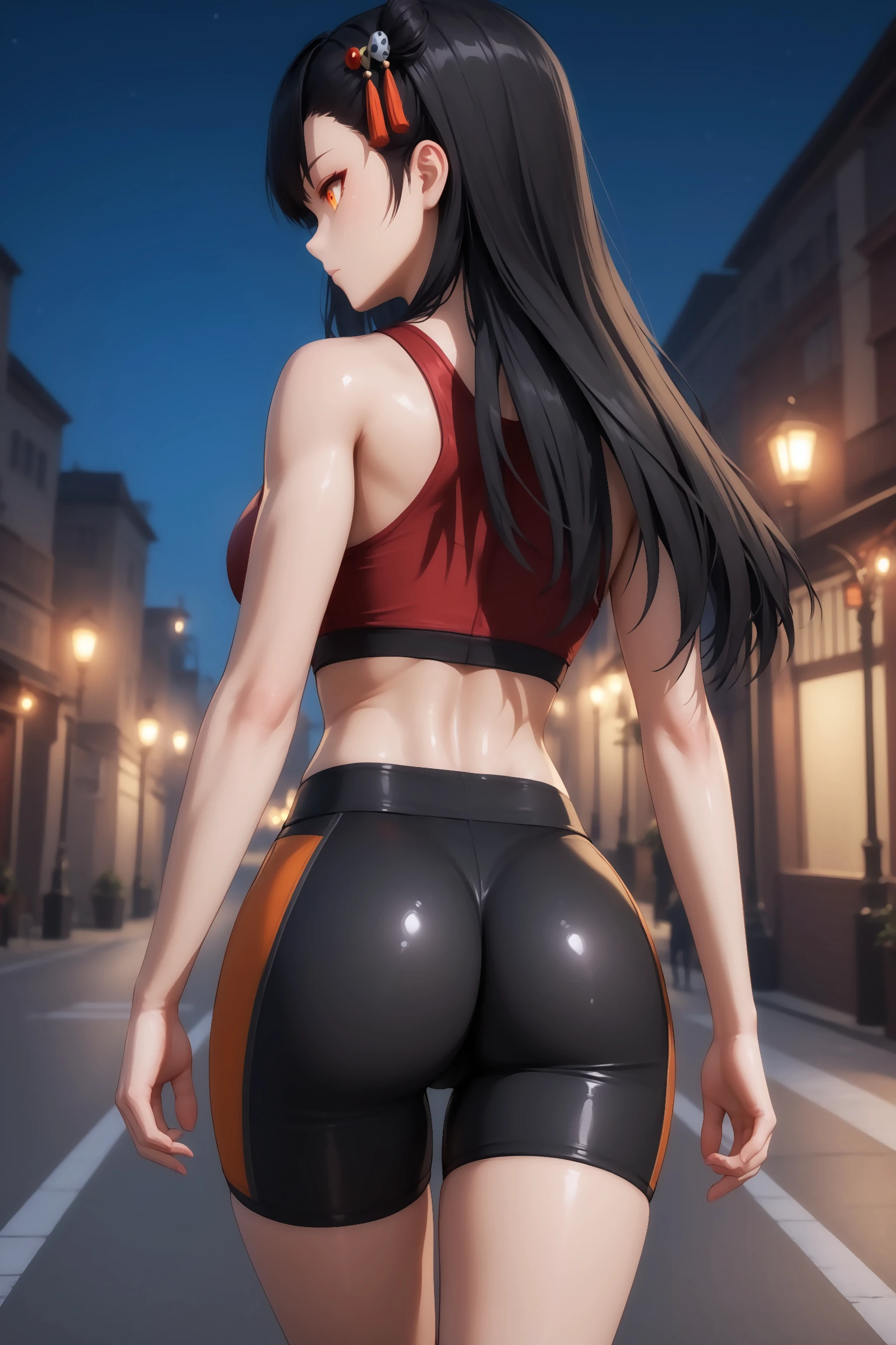 score_9, score_8_up, score_7_up, masterpiece, 4k, high quality, best quality, 1girl, solo, shiny skin, shiny clothes, tight clothes, thighs, close-up, cowboy shot, dutch angle, from behind, from below, midriff, expressionless, ass, wide hips, fit body, bike shorts, sports bra, outdoors, walking, street, night, head tilt, imtdqiongjiu, black hair, long hair, hair ornament, orange eyes, red eyes.
