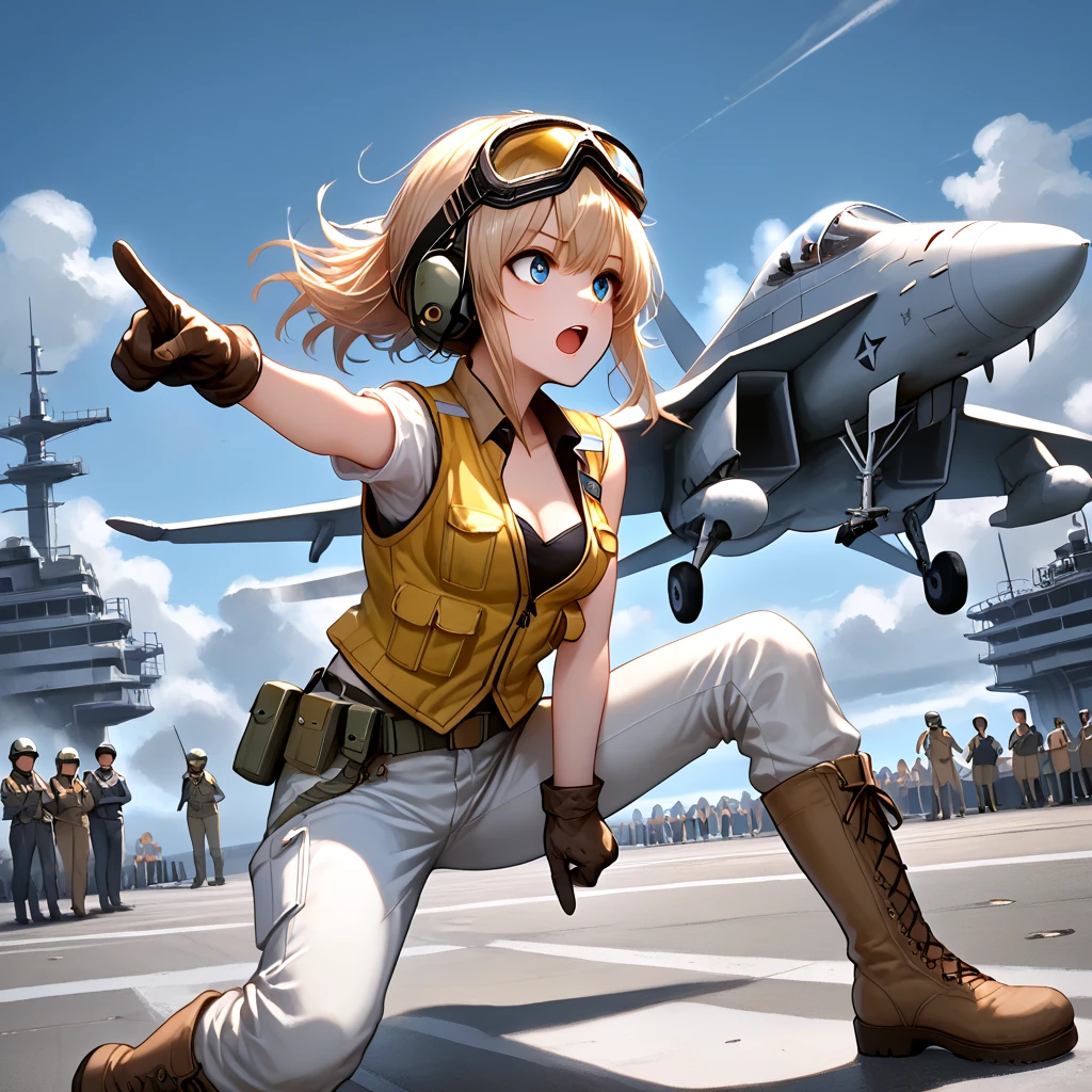 score_9, source_anime, aircraft carrier, catapult officer, pointing forward, standing, lunge, one knee, spread legs, 1girl, open mouth, cleavage, medium breasts, vest, pants, helmet, gloves, boots, leaning forward, goggles on head, from side, cloudy sky, sky, dust, steam, crowd, wide shot, <lora:girllikeaircraftcarrier_pony:0.7>