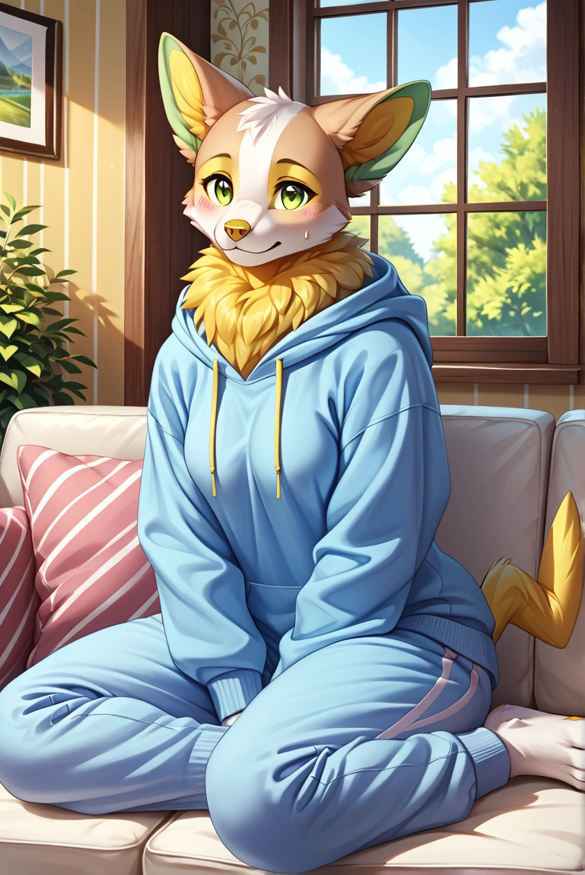 score_9, score_8_up, score_7_up, source_anime, source_furry, (beautiful, detailed background, digital artwork, digital art, well shaded artwork, depth, detailed artwork)1.2, 1girl, female, furry, anthro, yamper, fluffy, detailed fluffy fur, living room setting, sitting, sitting on couch, window, clothed, clothing, cute, petite figure, (baggy oversized hoodie, sweatpants)1.2