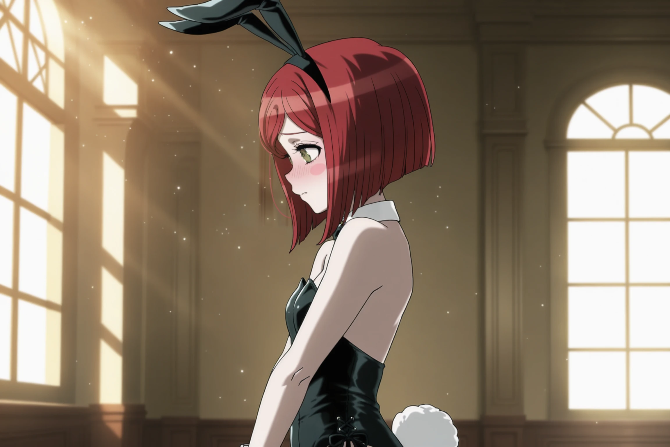 anime screencap, masterpiece, best quality, amazing quality, very aesthetic, absurdres,  newest, (scenery, volumetric lighting),
yumeno himiko, short hair, bangs, brown eyes, pale skin, red hair, blush stickers, bob cut,
playboy bunny, rabbit ears, rabbit tail, from side, cowboy shot, embarrassed, blush, mansion, indoors, window, light particles, dappled sunlight, light rays, 
 <lora:HimikoYumeno_IL:0.8>