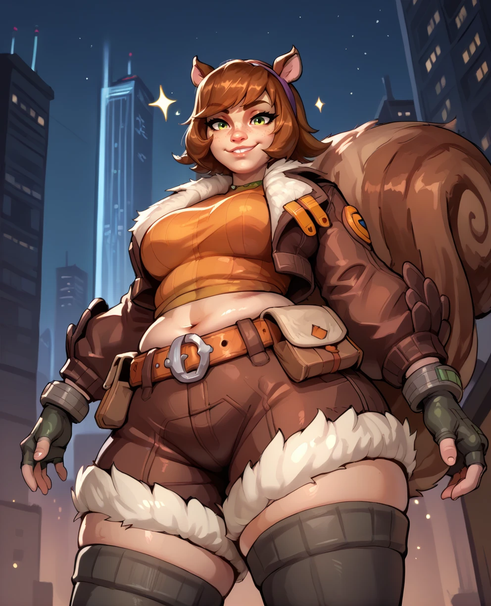 score_9,score_8_up,score_7_up,score_6_up,
sqrrlgrlmr,brown hair,animal ears,green eyes,
brown jacket,fur trim,headband,long sleeves,shorts,fingerless gloves,
orange shirt,midriff,highhighs,skin tight,plump,
night,city,squirrel tail,solo,sparkle,from below,looking at viewer,smug,
solo,
<lora:SquirrelgirlMR:0.8>,