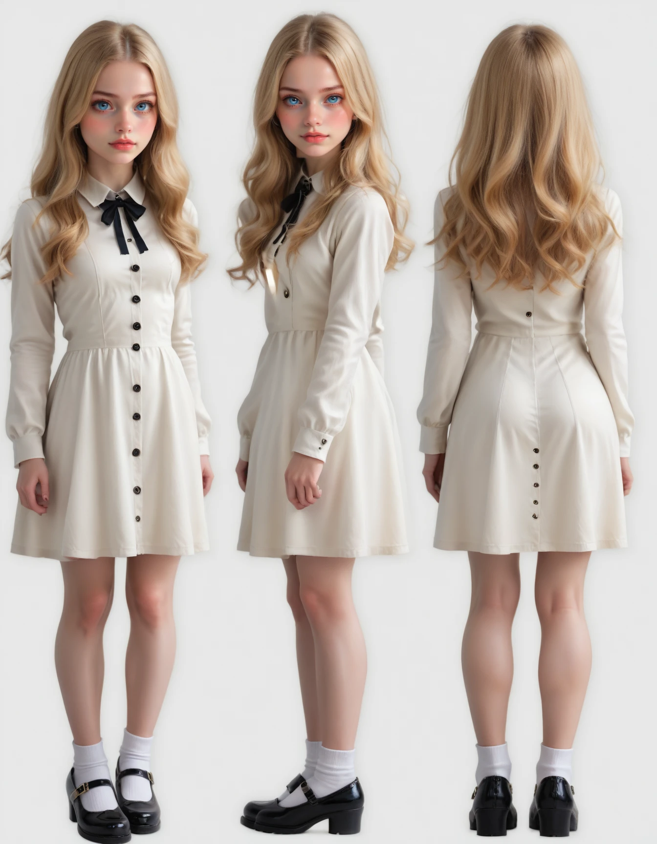 (CharacterSheet:1),1girl,blonde hair,blue eyes,long hair,realistic,shoes,mary janes,standing,black footwear,white socks,striped,long sleeves,white dress,lips,(multiple views, full body, upper body, reference sheet:1),back view,front view,(white background, simple background:1.2),(dynamic_pose:1.2),(masterpiece:1.2),(best quality, highest quality),(ultra detailed),(8k, 4k, intricate),(50mm),(highly detailed:1.2),(detailed face:1.2),detailed_eyes,(gradients),(ambient light:1.3),(cinematic composition:1.3),(HDR:1),Accent Lighting,extremely detailed,original,highres,(perfect_anatomy:1.2),<lora:CharacterDesign_Concept-10:0.55>,ray tracing,(depth of field),(fine textures details),<lora:MPV@M3gan_PonyXL_V2_epoch_6:0.8>,<lora:Hand v3 SD1.5:0.5>,