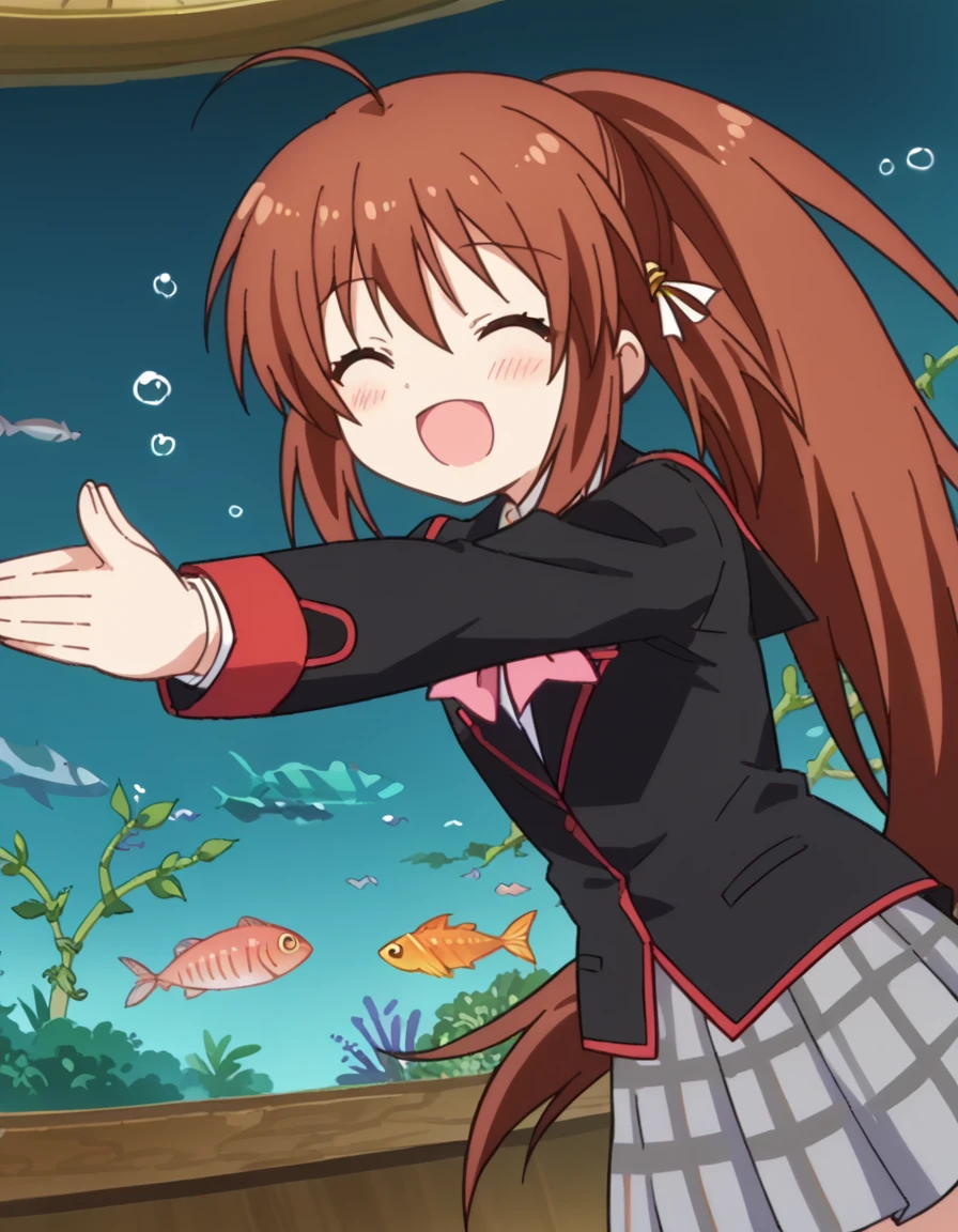 score_9, score_8_up, score_7_up, source_anime, <lora:rin-natsume-s2-ponyxl-lora-nochekaiser:1>, rin natsume, long hair, brown hair, red eyes, ponytail, sidelocks, ahoge, anime screencap, skirt, bow, school uniform, pink bow, blazer, black blazer, red trim, long sleeves, grey skirt, plaid skirt, pleated skirt,, jungle, dense, wildlife, vines, green, smile, <lora:sakana-ponyxl-lora-nochekaiser:1> sakana, sakana~ (meme), meme, aquarium, standing on one leg, palms together, fish tank, own hands together, standing, outstretched arms, closed eyes, blush, open mouth,, looking at viewer, solo,, dutch angle, cowboy shot