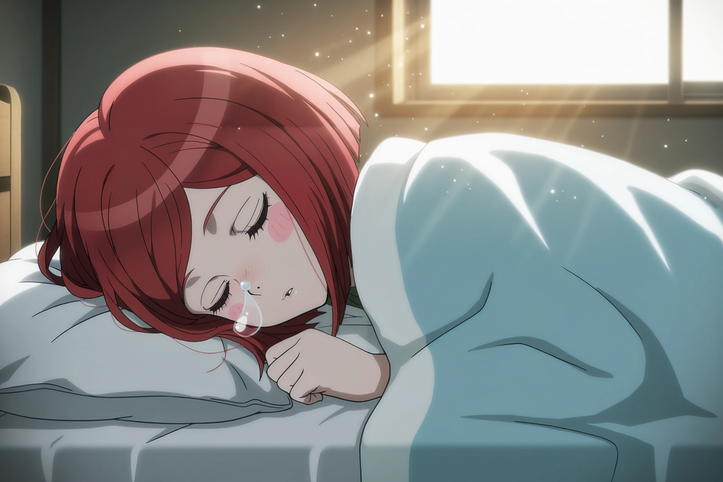 anime screencap, masterpiece, best quality, amazing quality, very aesthetic, absurdres,  newest, (scenery, volumetric lighting),
yumeno himiko, short hair, bangs, closed eyes, pale skin, red hair, blush stickers, bob cut,
solo, 1girl, 
sleeping, under covers, bedroom, from side, snoring, nose bubble, dappled sunlight, light particles, light rays, 
 <lora:HimikoYumeno_IL:0.8>