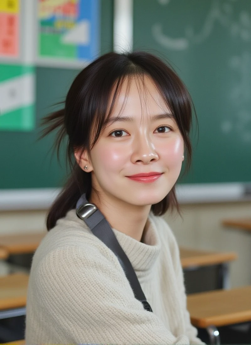 A high-resolution, tight portrait of songjihyo as a Korean school teacher in a modern classroom setting. She has a kind yet confident expression, with warm eyes and a gentle smile that conveys approachability and intelligence. The background is softly blurred, showcasing a typical classroom with a chalkboard, neatly arranged desks, and colorful educational posters. Natural, diffused lighting highlights her features, creating an inviting and inspiring atmosphere. The muted, realistic color palette complements her calm and nurturing presence, embodying the essence of a dedicated educator.<lora:SkinDetails_flux_lora_v8:0.8> <lora:UltraRealPhoto:0.7> <lora:songjihyov2:1>, fashion editorial photography, high-fashion imagery, avant-garde aesthetics, editorial storytelling, conveying fashion trends and concepts, artistic interpretation, expert styling, professional lighting, capturing fashion-forward visuals, creating visual impact, evoking emotion, pushing creative boundaries