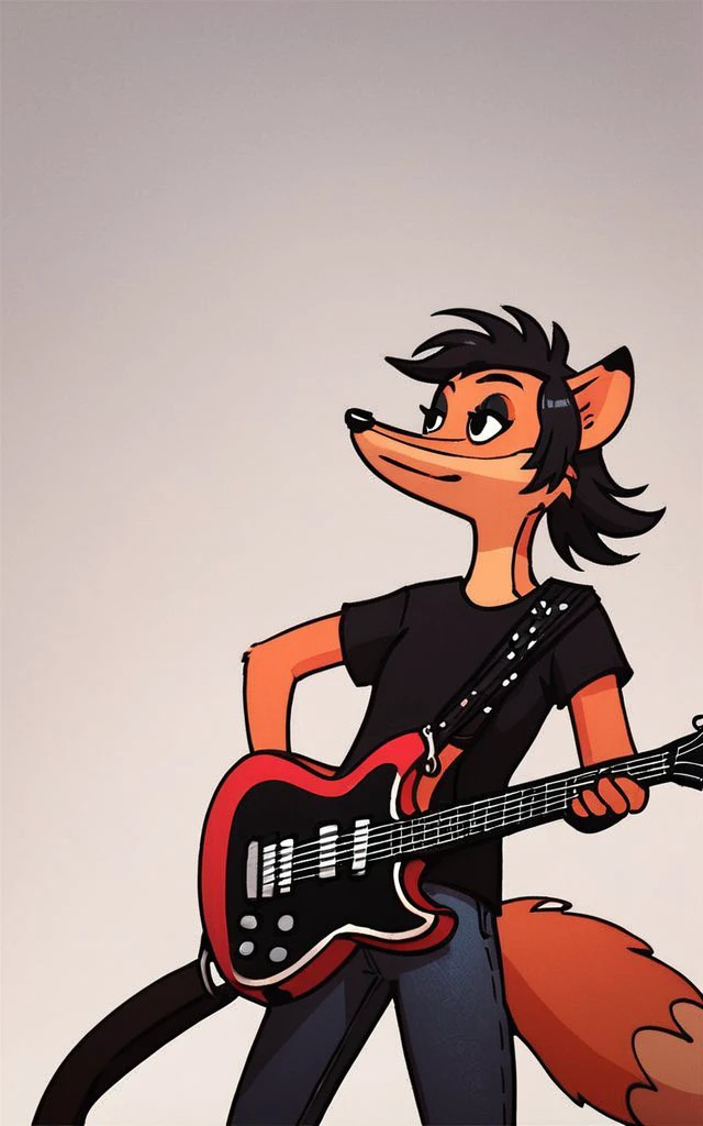 <lora:Nu_pogodi_lisichka:0.8>
score_9, score_8_up, score_7_up,
solo, 1girl, masterpiece, high resolution, detailed,
nupogodi_lisichka, fox, black eyes, black hair, tail,
simple background,
guitar, playing guitar, black makeup, black clothing,