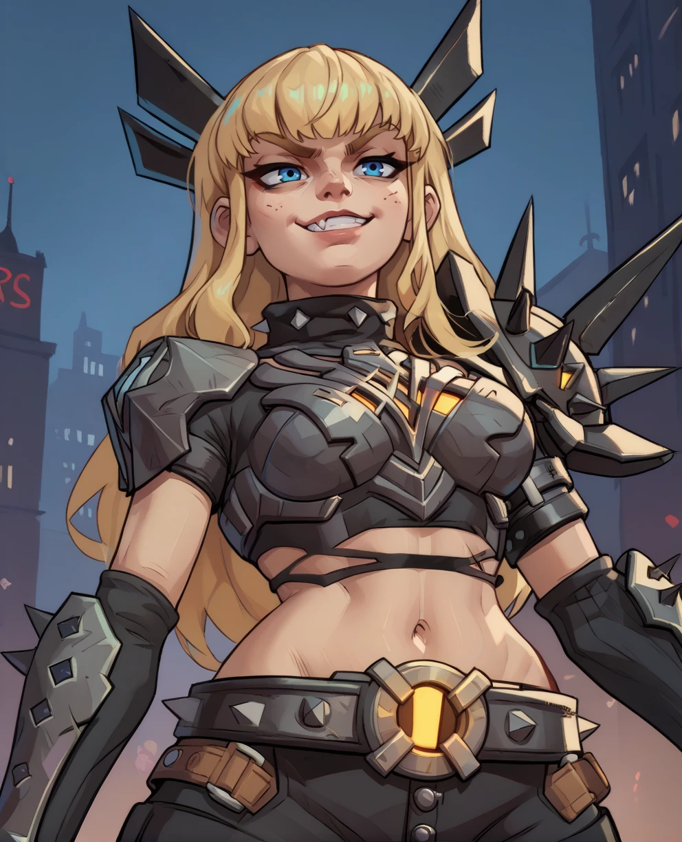 score_9,score_8_up,score_7_up,score_6_up,score_5_up,score_4_up,
magikmr,blonde hair,blue eyes,metal horns,long hair,bangs,
armor,crop top,shoulder pads,spikes,asymmetrical gloves,belt,hips,
solo,smug,from below,clenched teeth,
night,city,<lora:MagikMR:0.8>,