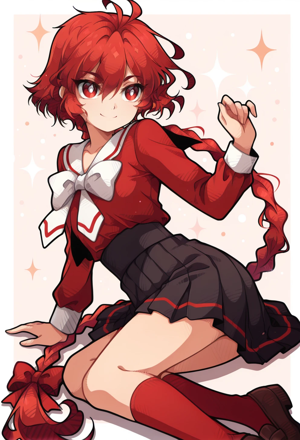 masterpiece, best quality, high quality, anime, solo, <lora:AEHikaruillx:1>
AEHikaru, red eyes, red hair, braided ponytail, hair between eyes, hair ribbon, long braid, long hair, single braid, school uniform, serafuku, white bowtie, white sailor collar, red shirt, red bow, ribbon, long sleeves, black skirt, pleated skirt, kneehighs, red socks, 
 <lora:AESTYLES:1.35> white pupils, smile, simple background, twisted torso,