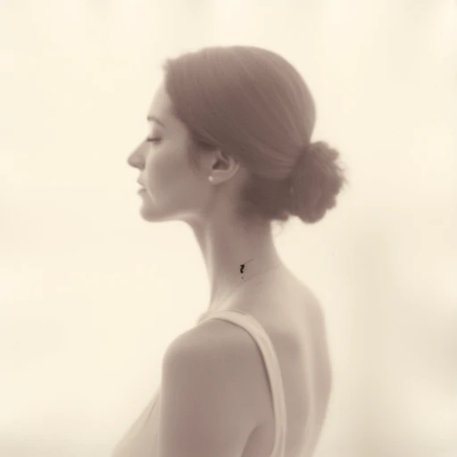 an aesthetic, minimalist depiction of a female profile in side view. The focus is on the soft contours and calm, monochromatic tones. The scene feels mystical and dreamy, almost as if viewed through a delicate mist, with gentle light accentuating the silhouette. The background is diffuse and creamy white, drawing attention to the elegant simplicity of the figure.