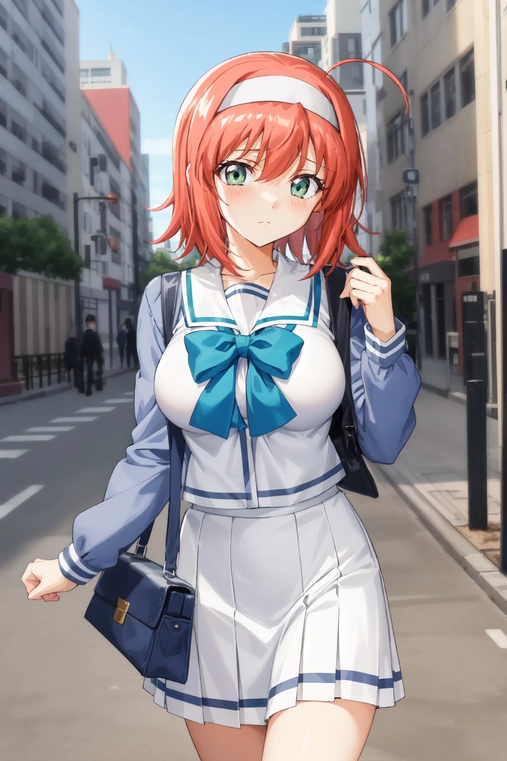 akane_maniax, suzumiya_akane, 1girl, solo, blush, closed_mouth, looking_at_viewer, city, buildings, park, walking, bag, carrying, holding_object, (standing:1.2), (cowboy_shot:1.2), (short hair, ahoge:1.3), orange hair, red hair, (white hairband:1.1), (green eyes:1.2), (large breasts:1.2), (wide hips:1.2), school_uniform, serafuku, white shirt, (white skirt, short skirt:1.2), pleated skirt, blue ribbon, long sleeves, puffy sleeves, juliet sleeves, masterpiece, best quality, best aesthetic, anime, ultra detailed