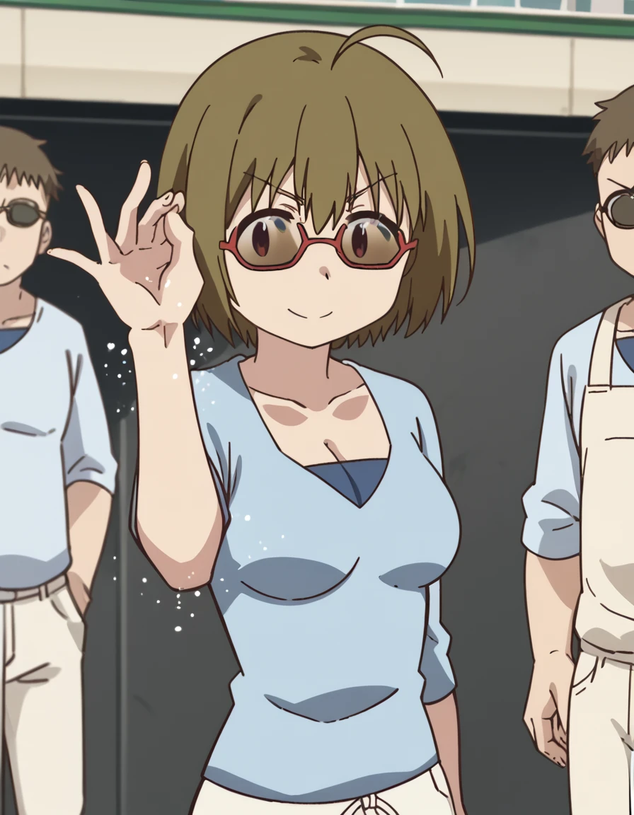 score_9, score_8_up, score_7_up, source_anime, <lora:noriko-yamada-s1-ponyxl-lora-nochekaiser:1>, noriko yamada, short hair, brown hair, brown eyes, ahoge, glasses, semi-rimless eyewear, red-framed eyewear, medium breasts, anime screencap, shirt, blue shirt, cleavage, pants, white pants,, street, cars, buildings, city, people, smile, <lora:salt-bae-ponyxl-lora-nochekaiser:1> salt bae, salt bae (meme), salt, springkling, meme, cooking, steak, sunglasses, mean, grilling, grill, frying pan, food, hand up,, looking at viewer, solo,, dutch angle, cowboy shot