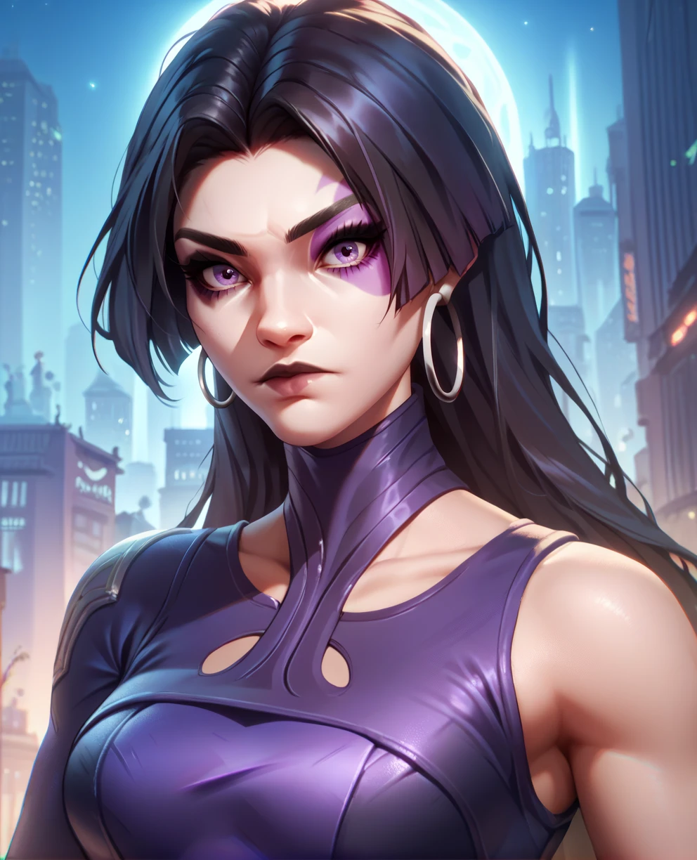 score_9,score_8_up,score_7_up,score_6_up,score_5_up,score_4_up,
psylckmr,purple eyes,facial mark,black hair,long hair,hoop earrings,
leotard,fingerless gloves,
looking at viewer,
upper body,
night,city,<lora:PsylockeMR:0.9>,