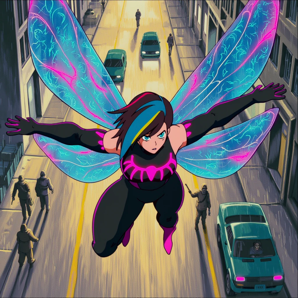 anime screencap in ng artstyle, A dynamic action scene in a rain-soaked cyberpunk street, where a winged superheroine with striking blue eyes and a colorful rainbow-colored sidecut hairstyle is diving through pedestrians and cars at night. Her holographic dragonfly wings emit a bright blue shine featuring intricate pink-glowing patterns. Her sleek, sleeveless, black suit prominently displays pink glowing patterns. She has a determined expression as her arms are extended and angled behind her.