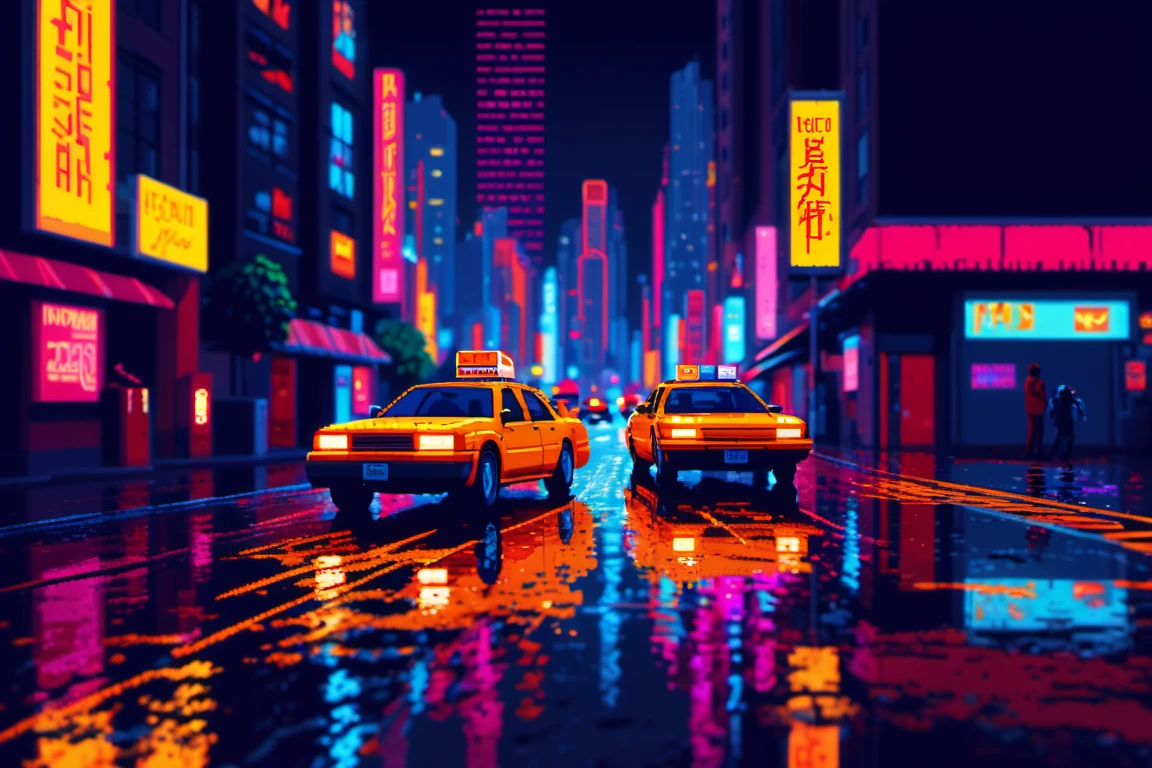 "8-bit pixel art city at night, skyscrapers with glowing windows, pixelated cars on the road, moving NPCs in bright retro outfits, neon shop signs, reflections on pixelated puddles, vibrant and lively urban retro aesthetic."