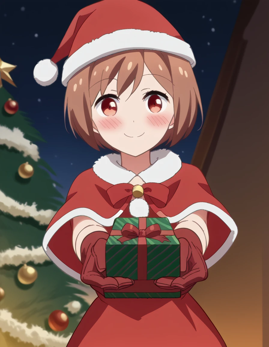 score_9, score_8_up, score_7_up, source_anime, <lora:chiyo-kurihara-s1-ponyxl-lora-nochekaiser:1>, chiyo kurihara, short hair, brown hair, red eyes, brown eyes, anime screencap, <lora:santa-costume-ponyxl-lora-nochekaiser:1>, santa costume, santa hat, christmas, sack, merry christmas, gift, fur-trimmed headwear, holding sack, santa dress, fur-trimmed dress, christmas tree, christmas tree, fur trim, red capelet, gift box, red gloves, fur-trimmed capelet, santa gloves, red hat, hat,, smile, blush, looking at viewer, <lora:incoming-gift-ponyxl-lora-nochekaiser:1>, incoming gift, outstretched arms, holding, holding gift, gift, gift box,, , dutch angle, cowboy shot