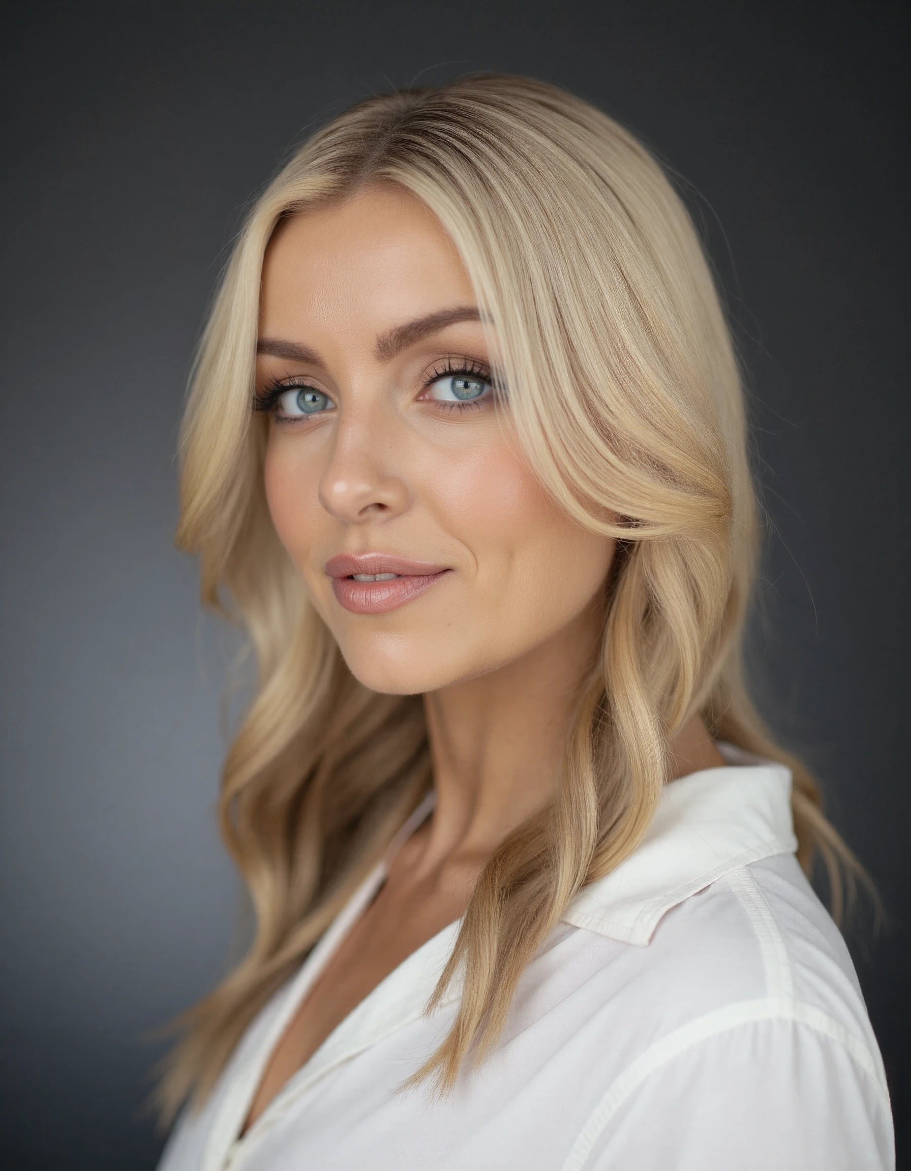 A high-resolution studio headshot of a blonde woman, centered in the frame, taken against a smooth gradient background that shifts from soft charcoal gray to deep navy blue. A soft key light to the right emphasizes the contours of her face, while a gentle fill light from the left balances the shadows, and a subtle hair light above adds a delicate rim effect, highlighting the edges of her hair for separation from the background.
 Her expression is serene and confident, with a subtle smirk that suggests an air of mystery.
She is dressed in a simple white shirt that contrasts with her skin tone, drawing attention to her face. 
Photorealistic, realistic, Canon 5D Mark IV 85mm f/1.8, realistic eyes, detailed eyes. bokeh, shallow depth of field, blurry background, UHD, 8K, high resolution, sharp,      <lora:flux_train_replicate:.3> <lora:boreal-train-v219-small-dataset-simple-caption:.3> <lora:flux_realism_lora:.3> <lora:ReillysMedley-000001:.9>