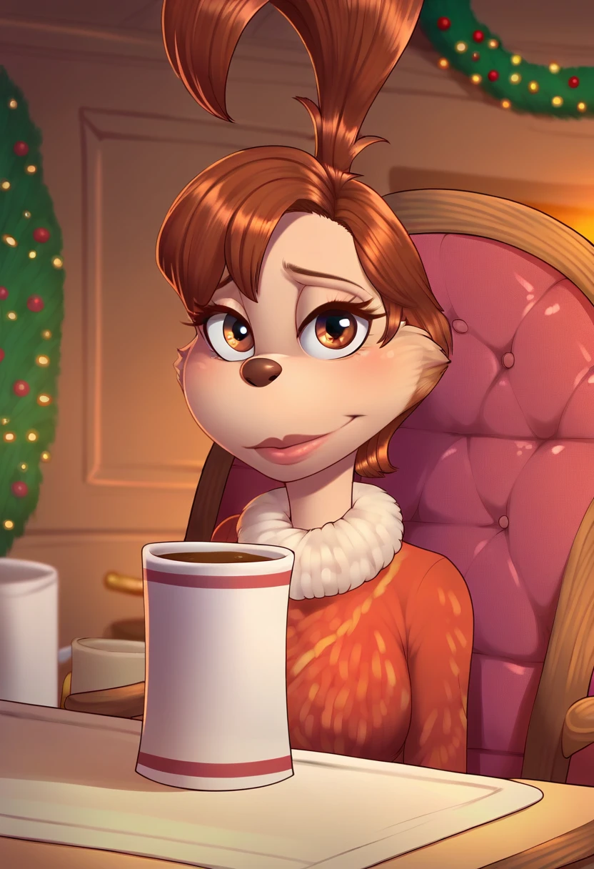 zPDXL, score_9_up, score_8_up,_7_up, score_6_up, score_5_up, score_4_up ,source_cartoon, best quality, amazing quality, detailed background, masterpiece, 1girl, looking at viewer, solo, kitchen, christmas decorations, christmas lights, huge filesize, blurry background, close, upper body, sally, brown hair, brown eyes, topknot, (yellow-orange fluffy sweater:1.2), brown pants, brown shoes,  (sitting at the table, mug  on the table, chair:1.2),  <lora:Sally:0.8>, dank flank, <lora:DankFlank:1>