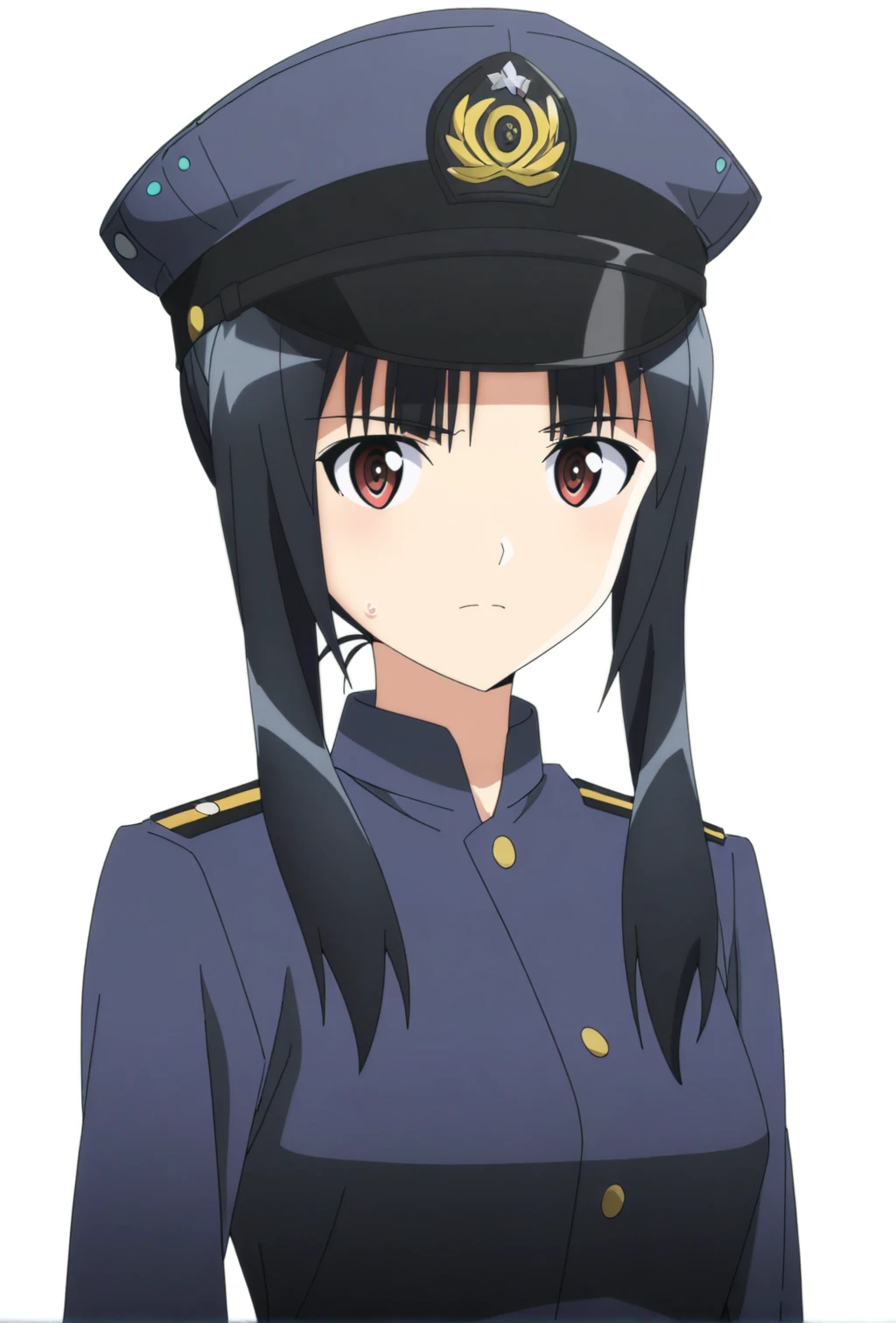 1girl, hattori shizuka, Strike Witches, RtBStyle, uniform, red eyes, simple background, white background, upper body, hat, looking at viewer, <lora:rtb-epoch-000007:1>, (newest masterpiece best quality highres absurdres:1.0)