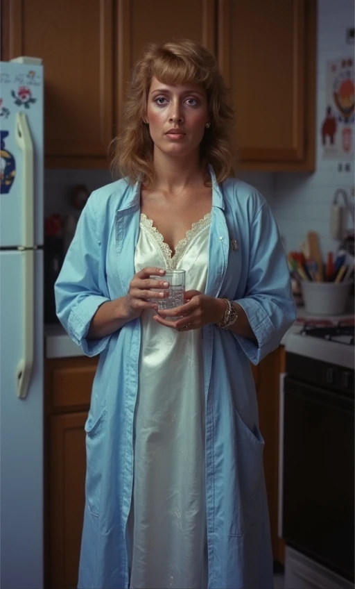 Close shot: 1984, Hyper-realistic portrait of Marge, 40, wearing a full length, white satin nightgown, light blue house coat overtop, standing in a 1980s kitchen holding a glass of water, looking at the viewer nervous, nighttime, night light, 80s 35mm film grain, scratches on film, nostalgia.