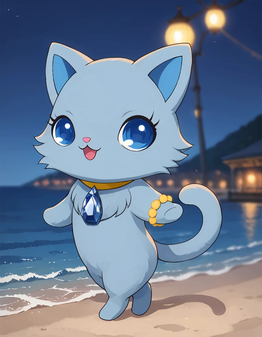 score_9, score_8_up, score_7_up, source_furry, realistic, female, furry, solo, jplapis, female, cat, chibi, feral, blue body, blue inner ears, blue gem, yellow choker, chest fur, blue tail, yellow bracelet around an arm, blue eyes, (looking aside), looking at viewer, open mouth, smile, walking, detailed background, depth of field, night, harbor, sea, beacon  <lora:jp_Lapis_Pony:1>