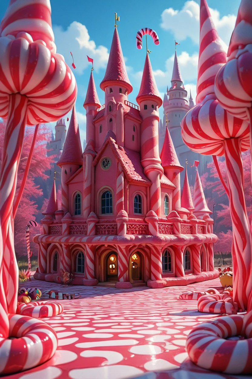 masterpiece, best quality,   CandyCaneMorph,   castle,  magical forest,    ,<lora:CandyCaneMorphIXL_v1:1.0>,