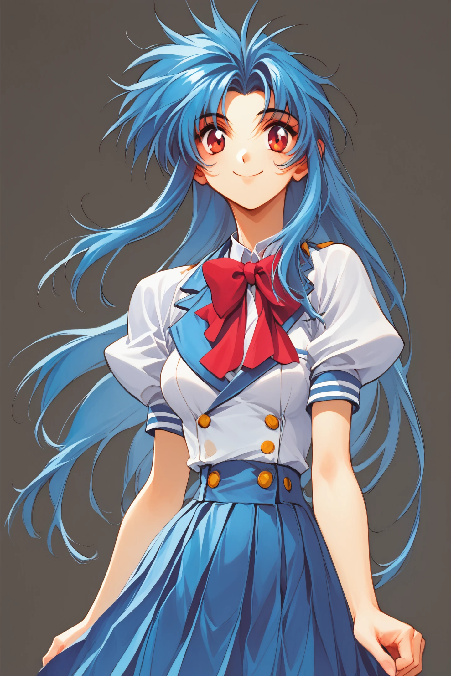 score_9,score_8_up,score_7_up,masterpiece,best quality,
Kaname Chidori,1girl,solo,smile,ChidoriKaname,blue hair,long hair,red eyes,school uniform,red ribbon tie,puffy sleeves,short sleeves,blue pleated skirt,standing,traditional media,simple background,white background,retro artstyle,
<lora:Shiki Doji_PONY_XL:1.4>,