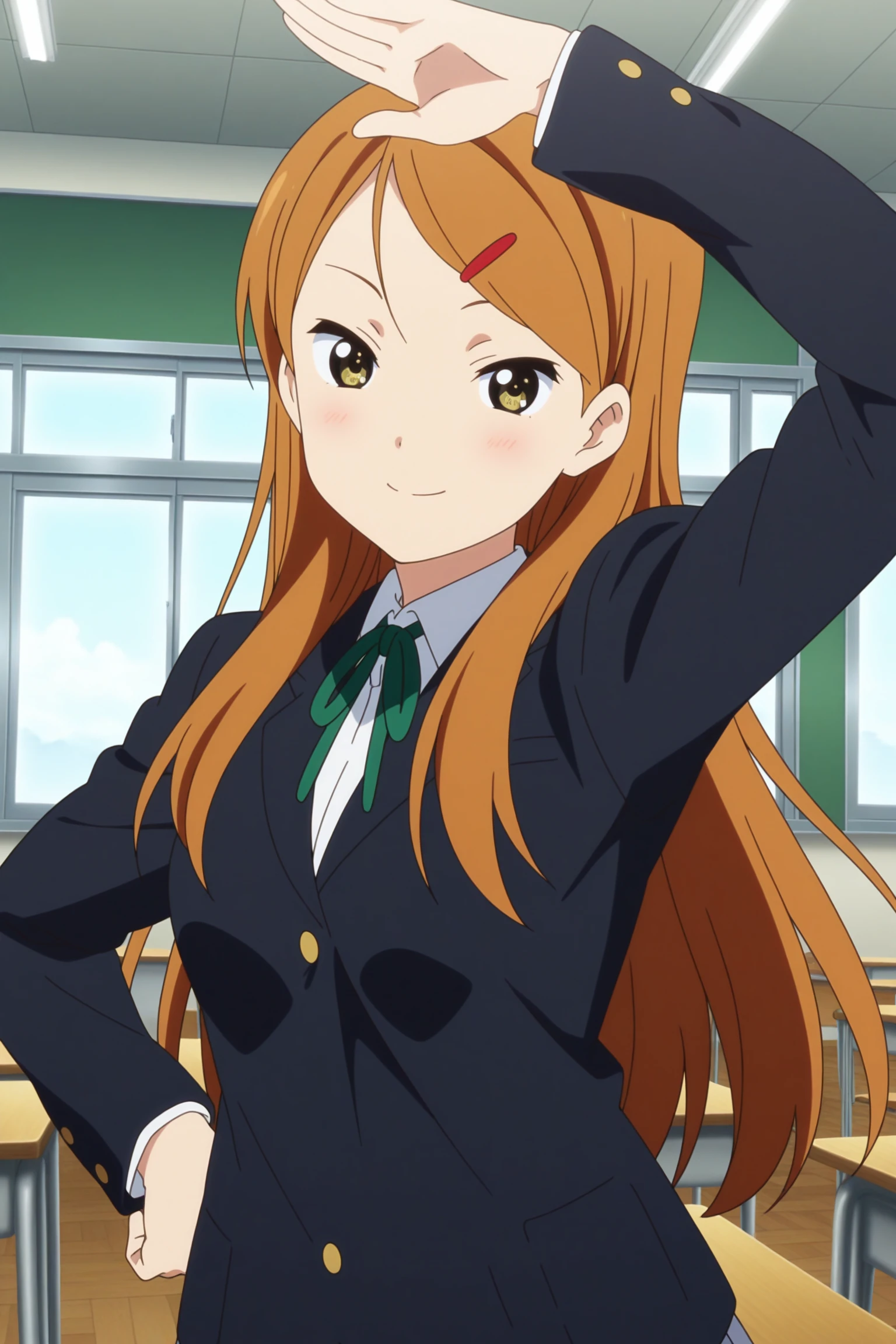 masterpiece, best quality, amazing quality, highres, absurdres, very aesthetic, high resolution, ultra detailed, perfect details, 1girl, solo, indoors, classroom, day, medium breasts, sokabe megumi, long hair, orange hair, red hairclip, yellow eyes, school uniform, black jacket, white shirt, collared shirt, green ribbon, grey skirt, pleated skirt, white kneehighs, loafers, <lora:Megumi_Sokabe_ILXL:0.8>, (upper body:1.2), anime coloring, anime screencap, (pose:1.2), smile, looking at viewer