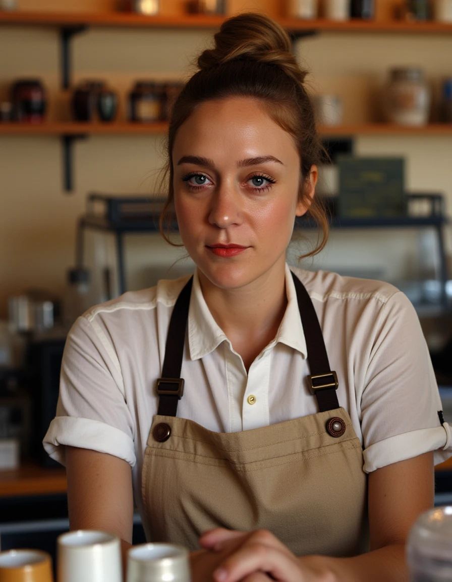 <lora:chloe-sevigny-flux:1> the, her, woman dressed as a barista behind the counter at a coffee shop ready to take your order