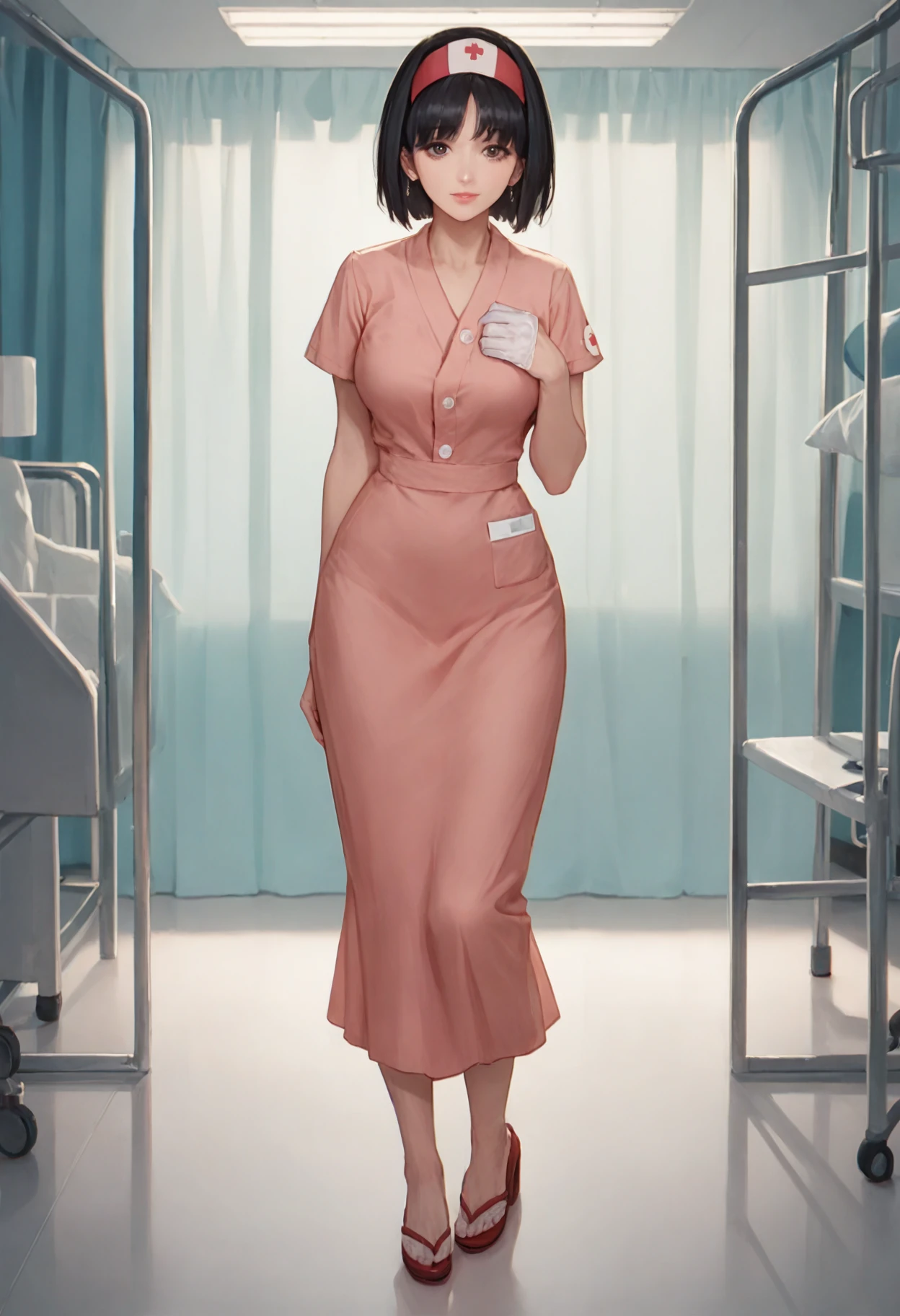 Ultra-high resolution, 8k,high quality,(((Nurse in the nurse's office,Tight Skirt))),(Oblique angle,Cunning Hand),(Young Girl、glowing、iridescent light,soft shadow,Anime Painting,thin line drawing),One Little Woman,(((Huge breasts,Shapely round breasts))),