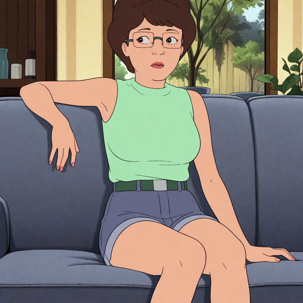 best quality, masterpiece, peggy_h, brown hair, glasses, sleeveless, shirt, shorts, belt, sitting sofa