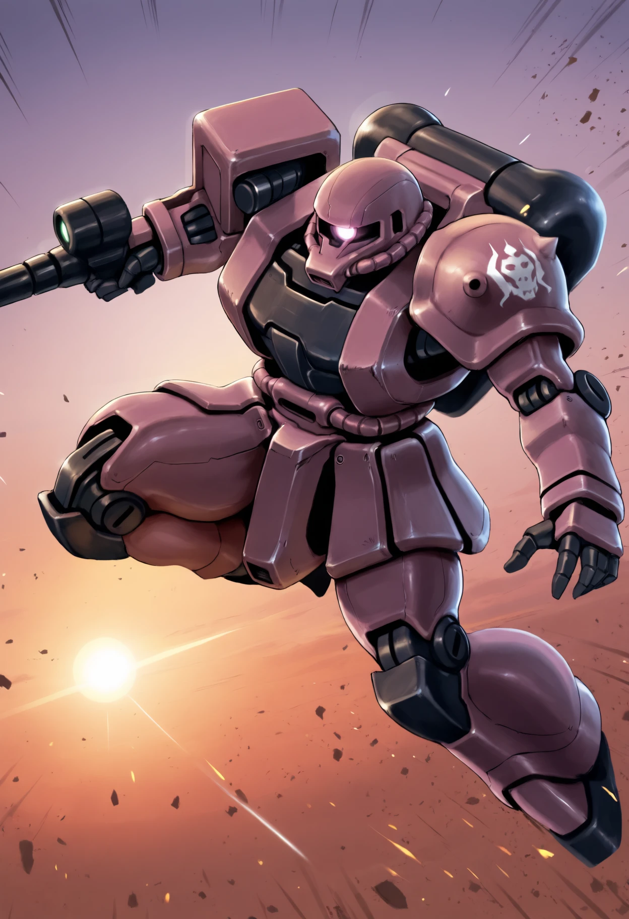 masterpiece, best quality, zaku, no humans, mecha, mecha focus, debris, flying, speed lines, motion lines, lens flare, science fiction, sky, light rays, fighting stance, sunset, from above, holding cannon