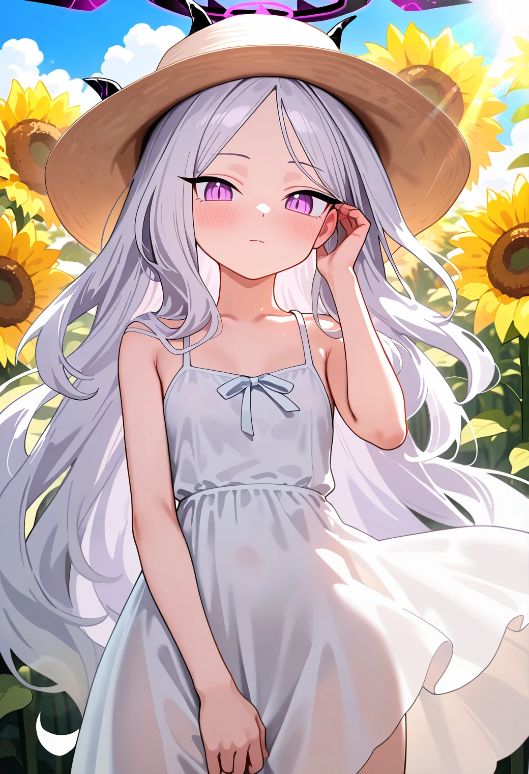 masterpiece, best quality, amazing quality, very aesthetic, newest, general,
solo, blue archive, hina \(blue archive\), small breasts,
sundress, tucking hair, sun hat,
sunflower field, sunlight, sunbeam, lens flare,