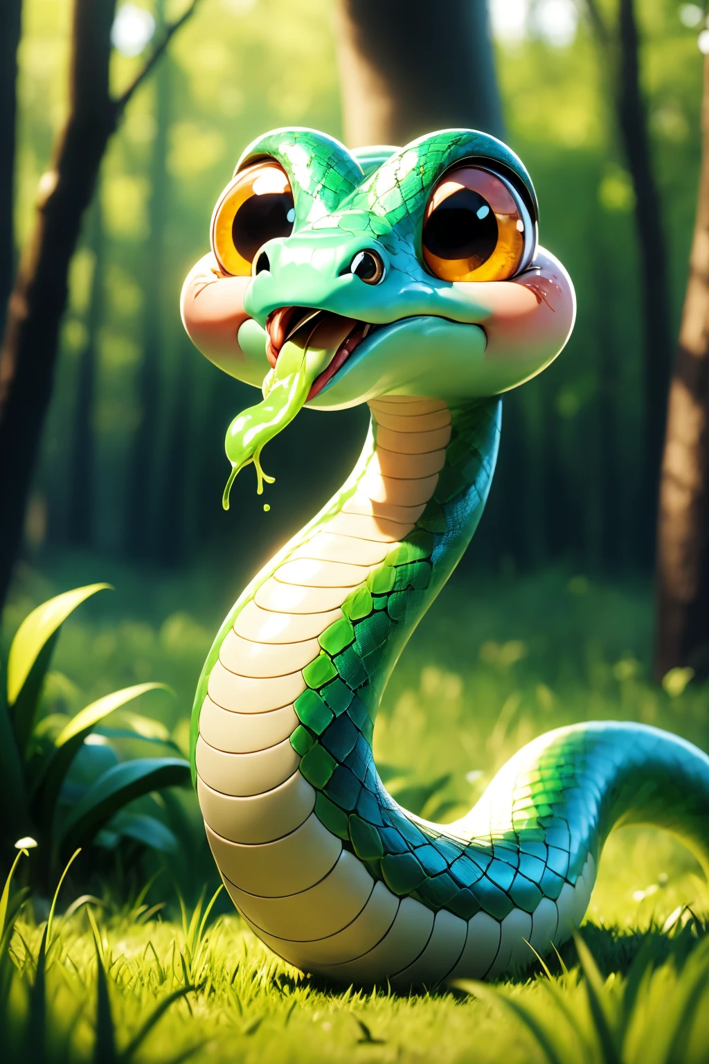 <lora:AgainSnake:0.6>, no humans, snake, smile, cute snake, big brown eyes, forked tongue, solo, tongue out, tongue, scales, tail, full body, forest, tree, dirt, grass