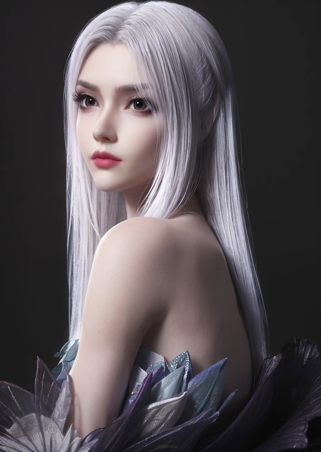 1girl,solo,white long hair,makeup,lipstick,fashion dress,(looking at viewer),((fashion)),((black background)),fantasy style,(blurry background),realistic,depth of field,Highly detailed,(ultra-detailed),(best quality:1.5,masterpiece:1.5),<lora:xiaoyixian:0.8>,<lora:softlight-000010:1:lbw=TEST>,