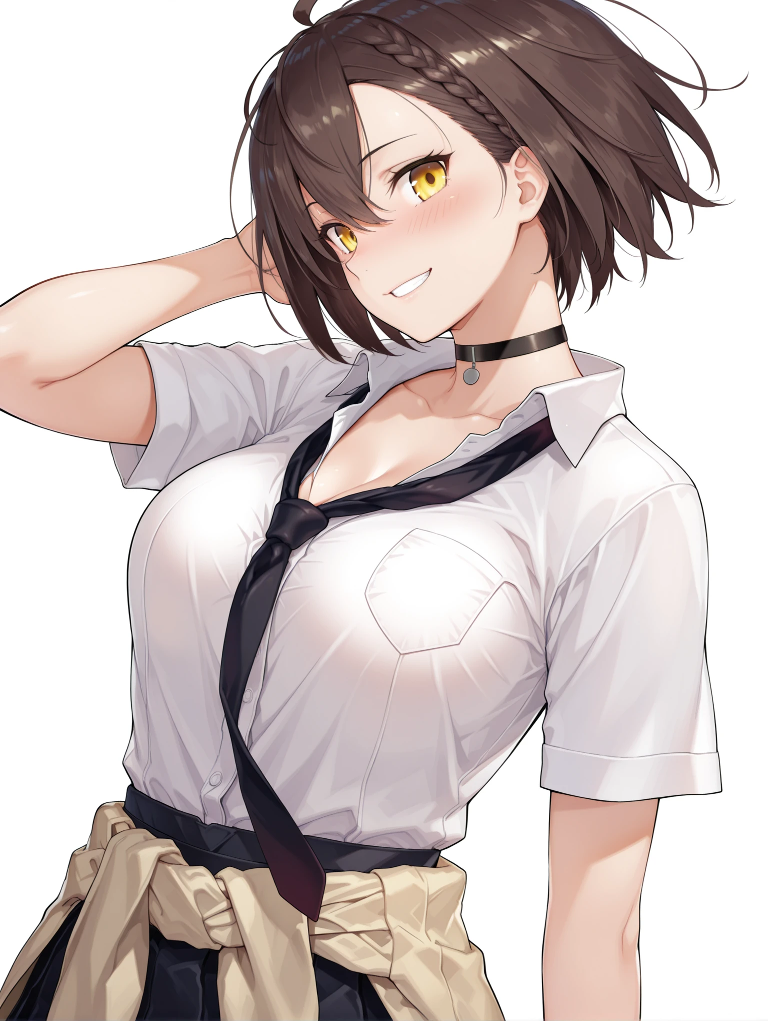 masterpiece,best quality,amazing quality,
solo,1girl,
<lora:baerdimore_ilxl_v1:1>,baerdimore,brown hair,yellow eyes,ahoge,short hair,
b_uniform,choker,short sleeves,black necktie,loose necktie,
<lora:Fixhands_anime_bdsqlsz_V1:1>,dynamic_angle,cinematic_angle,looking_at_viewer,standing,posing,simple_background,white_background,face_focus,grin,hand_in_hair,light_blush,profile,