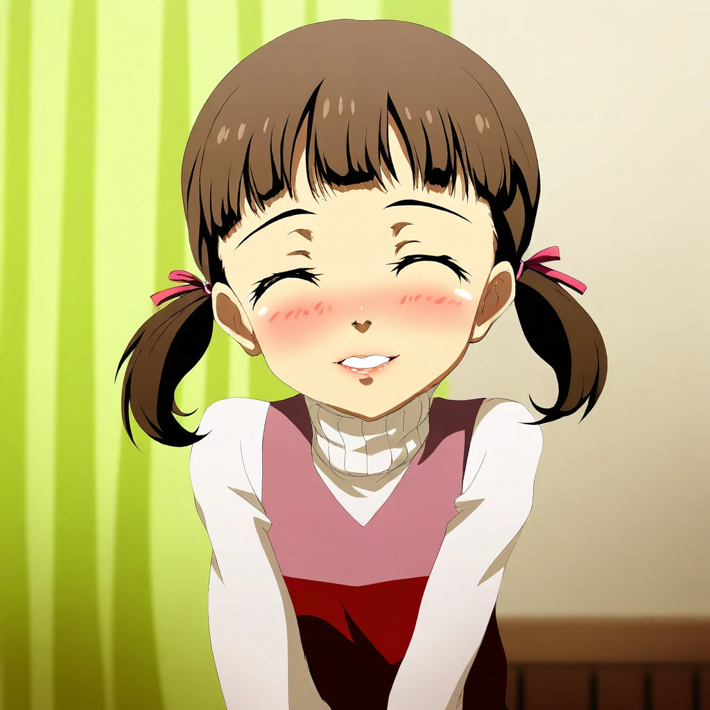 anime coloring, masterpiece, 1440p, 8k, UHD, amazing quality, high resolution, Nanako_Doujima, 1girl, solo, closed eyes, twintails, solo, brown hair, blush, smile, indoors, short twintails, slender, upper body, turtleneck, ribbon, dress, petite, hair ribbon, facing viewer, sleeveless, sleeveless dress, shirt, bangs, ^ ^, white shirt, turtleneck sweater, parted lips, short hair, sweater, pink dress, curtains, pinafore dress, red dress