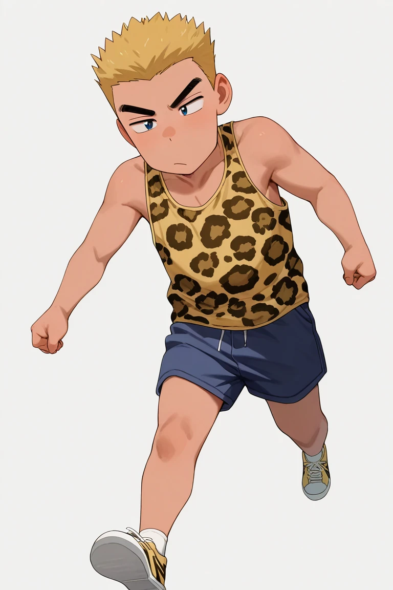 realistic shading, natural lighting, male child focus, yasuocsc, blonde_yasuocsc_male hair, black_yasuocsc_eyes, 1male child, full body, tank top, leopard print, shorts, simple plain white background, dynamic angle, intricately detailed illustration, masterpiece, best quality, amazing quality, very aesthetic, absurdres, newest, anime screencap