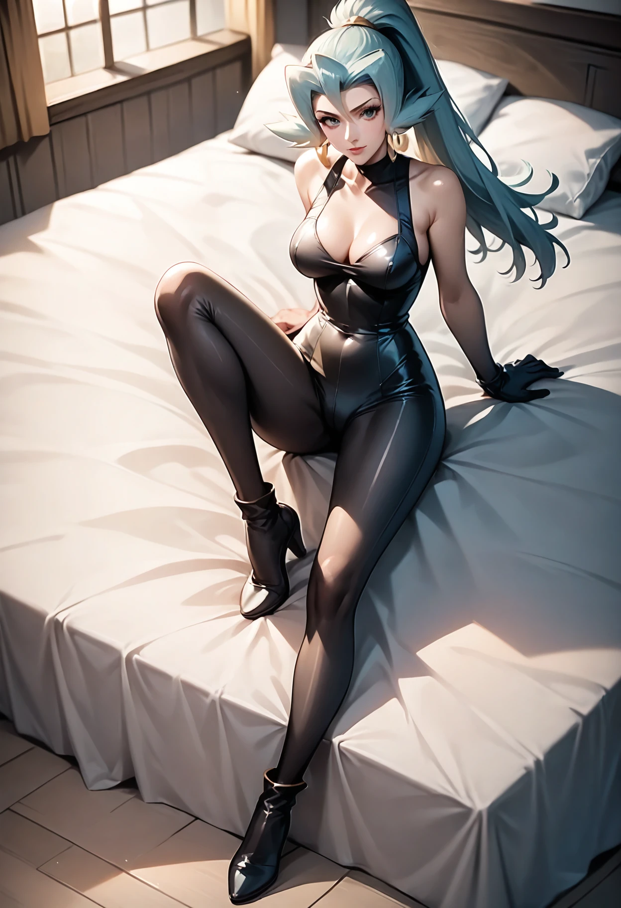 There is a woman in a black latex outfit, just a woman, blue eyes, very sexy outfit, smiling, photorealistic anime girl render, 2b, Tifa Lockhart with white hair, sexy outfit, thick and smooth warframe thighs, hyperrealistic student, bright white skin, realistic shaded perfect body, inspired nier, thicc, sexy dominant pose, photorealistic perfect body --auto