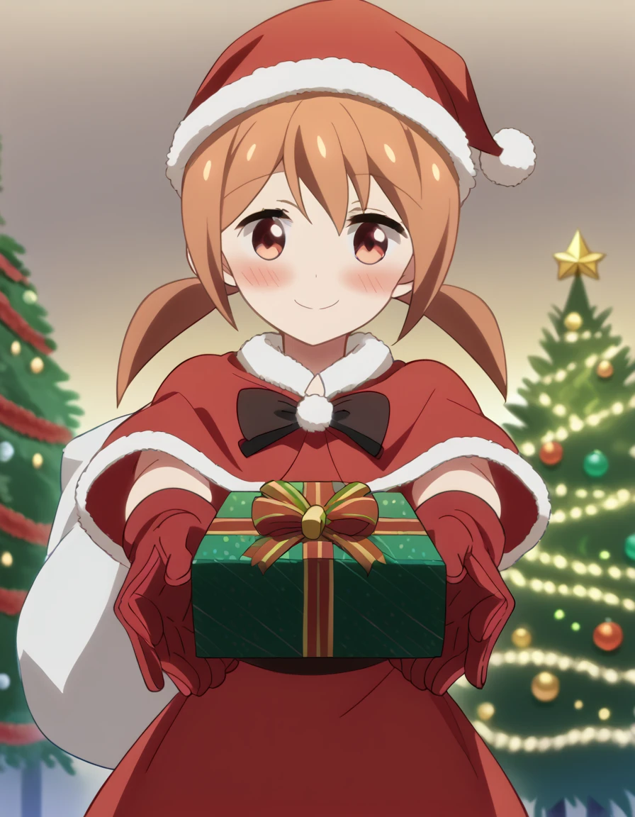 score_9, score_8_up, score_7_up, source_anime, <lora:chizuru-takano-s1-ponyxl-lora-nochekaiser:1>, chizuru takano, brown hair, twintails, brown eyes, anime screencap, <lora:santa-costume-ponyxl-lora-nochekaiser:1>, santa costume, santa hat, christmas, sack, merry christmas, gift, fur-trimmed headwear, holding sack, santa dress, fur-trimmed dress, christmas tree, christmas tree, fur trim, red capelet, gift box, red gloves, fur-trimmed capelet, santa gloves, red hat, hat,, smile, blush, looking at viewer, <lora:incoming-gift-ponyxl-lora-nochekaiser:1>, incoming gift, outstretched arms, holding, holding gift, gift, gift box,, , dutch angle, cowboy shot