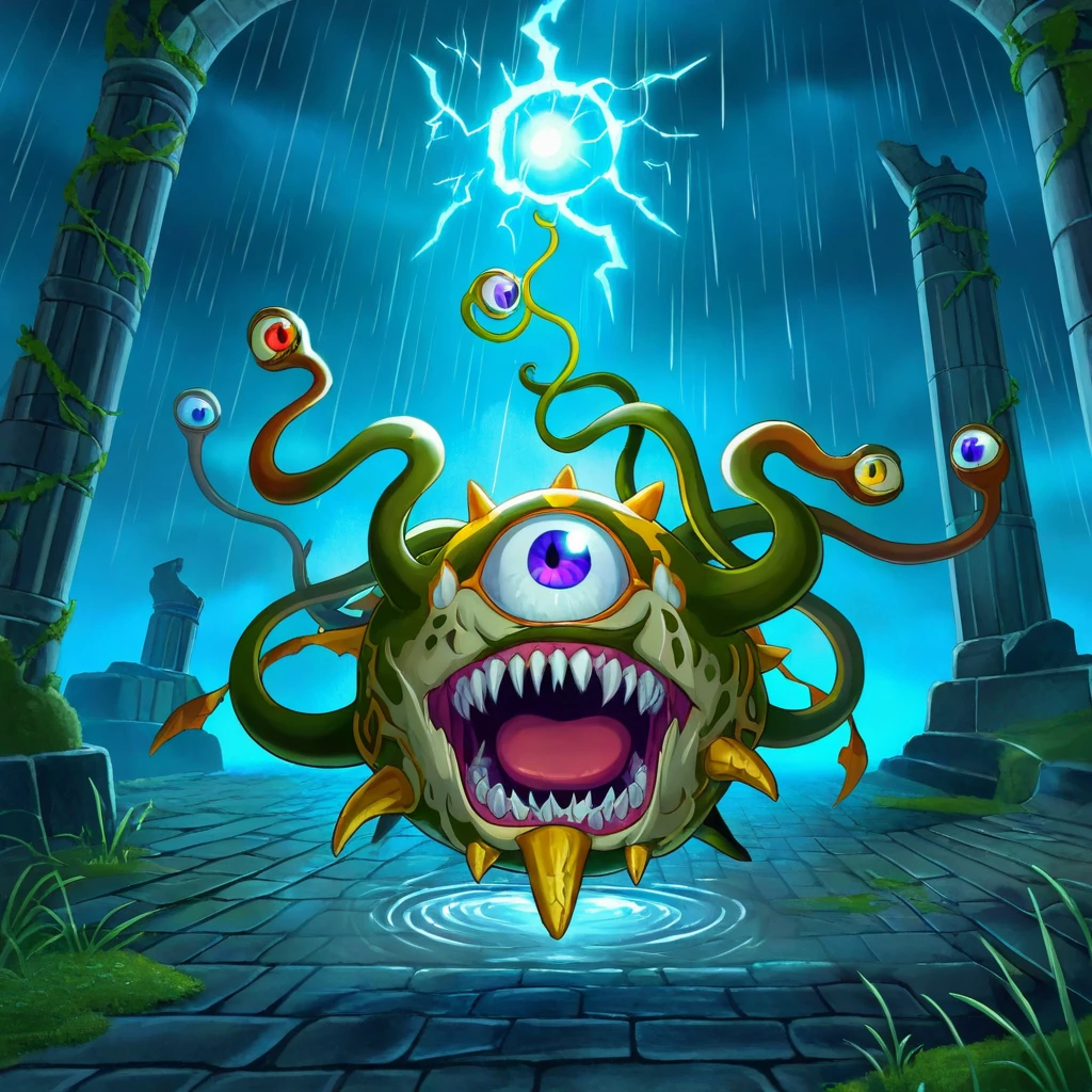 Legend of Zelda style  <lora:Beholders-Illustrious:1> bhlr, dark fantasy, (Boris Vallejo) A colossal Beholder hovers amidst the ruins of an ancient temple, its stone columns cracked and overgrown with vines. Lightning flashes in the stormy sky, illuminating the creatureâs grotesque features in harsh, momentary bursts of white light. Rain pours down, streaking the creature's leathery skin and pooling in the temple's crumbled floor. Its eyestalks are trained on a group of adventurers cowering in fear, as a powerful anti-magic aura ripples visibly around its central eye. It has a dreadful big mouth with countless teeth. It has a pair of wings. . Vibrant, fantasy, detailed, epic, heroic, reminiscent of The Legend of Zelda series